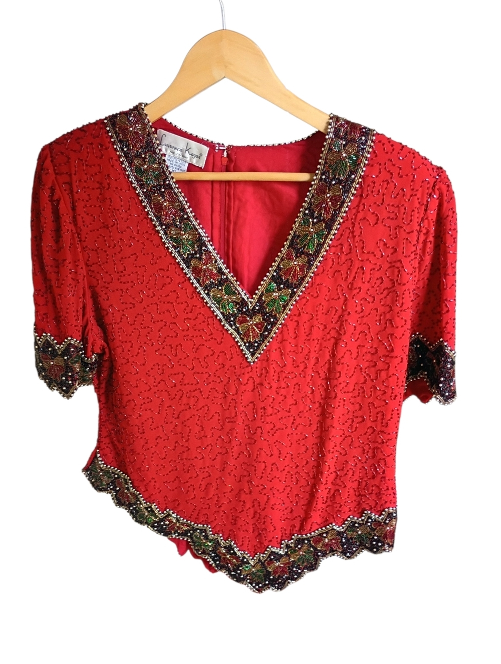 Vintage Laurence Kazar New York Red Silk Heavily Beaded Blouse Size XL